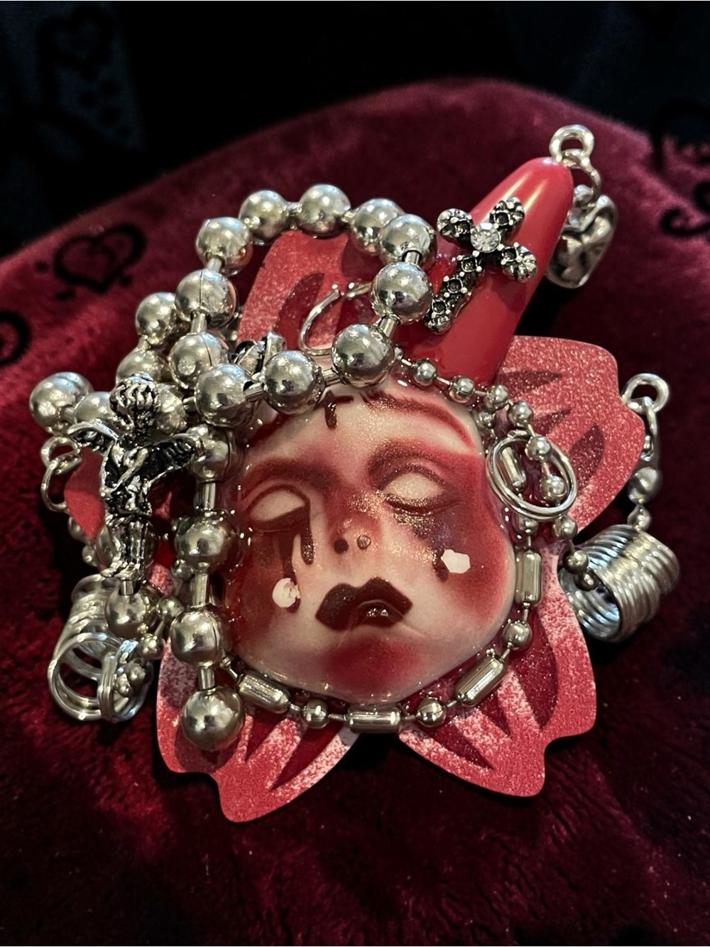Artisan Red Enamel Face Statement Ring - Dark Gothic Niche Design - Adjustable